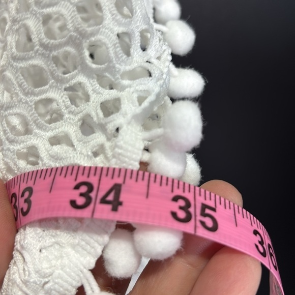 Ana & Rose Crocheted mid length swim coverup, Pom Pom edge detail,see thru OS - Picture 8 of 9